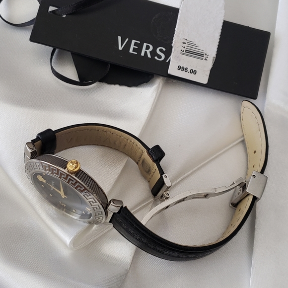 Versace Daphnis Stainless Steel/ Gold Black Leather Band Watch $995 main image 10